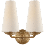 Kinkiet podwójny Fontaine w złoconym gipsie z lnianymi kloszami