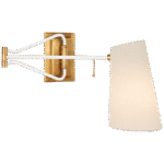 Kinkiet z ramieniem wahliwym Keil w ręcznie patynowanym mosiądzu antycznym i bieli z lnianym kloszem