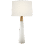 Lampa stołowa Olsen w alabastrze i ręcznie patynowanym mosiądzu antycznym z lnianym kloszem