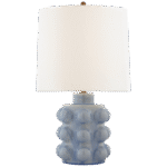 Średnia lampa stołowa Vedra w polarnym niebieskim krakelowaniu z lnianym kloszem