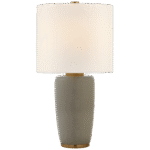 Duża lampa stołowa Chado w szarym muszlowym z lnianym kloszem