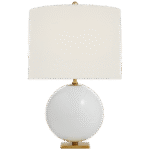 Lampa stołowa Elsie w kremowym odwrotnie malowanym szkle z kremowym lnianym kloszem