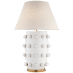 Lampa stołowa Linden w kolorze białym gipsowym z lnianym kloszem