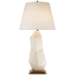 Lampa stołowa Bayliss w białej skórzanej ceramice z lnianym kloszem