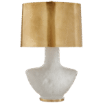 Mała lampa stołowa Armato w porowatej białej ceramice z owalnym antycznym patynowanym mosiężnym kloszem