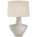 Mała lampa stołowa Armato w porowatej białej ceramice z owalnym lnianym kloszem