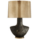 Mała lampa stołowa Armato w barwionej czarnej metalicznej ceramice z owalnym antycznym patynowanym mosiężnym kloszem