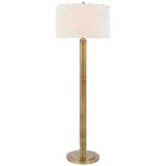 Lampa podłogowa Longacre w ręcznie patynowanym mosiądzu antycznym z lnianym kloszem