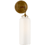 Mały kinkiet cylindryczny Katie w ręcznie patynowanym mosiądzu antycznym z białym szkłem