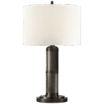 Mała lampa stołowa Longacre w brązie z lnianym kloszem