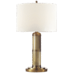 Mała lampa stołowa Longacre w ręcznie patynowanym mosiądzu antycznym z lnianym kloszem