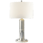 Mała lampa stołowa Longacre w polerowanym niklu z lnianym kloszem