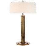 Wysoka lampa stołowa Longacre w ręcznie patynowanym mosiądzu antycznym z lnianym kloszem