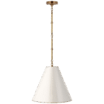 Mała lampa wisząca Goodman w ręcznie patynowanym mosiądzu antycznym z antycznym białym kloszem