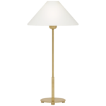 Lampa stołowa Hackney w ręcznie patynowanym mosiądzu z lnianym kloszem